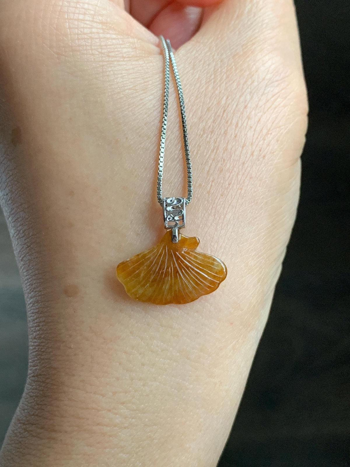Petite Natural Grade A Icy Translucent Rich Honey Brown Jade Jadeite Ginkgo Leaf Pendant Sterling Silver 天然冰油黄翡翠银杏叶迷你吊坠 MYX330B