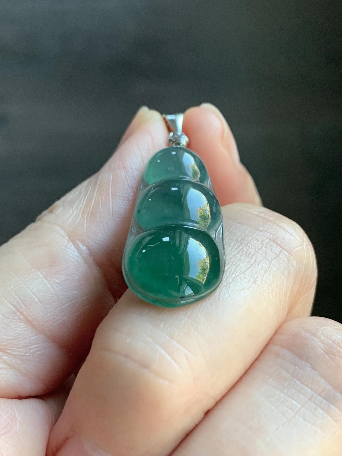 Natural Grade A Guatemalan Icy Translucent Dark Teal Green Jade Jadeite Carved Peapod Pendant Sterling Silver 3g 天然冰危深蓝绿翡翠福豆吊坠 WLD90D