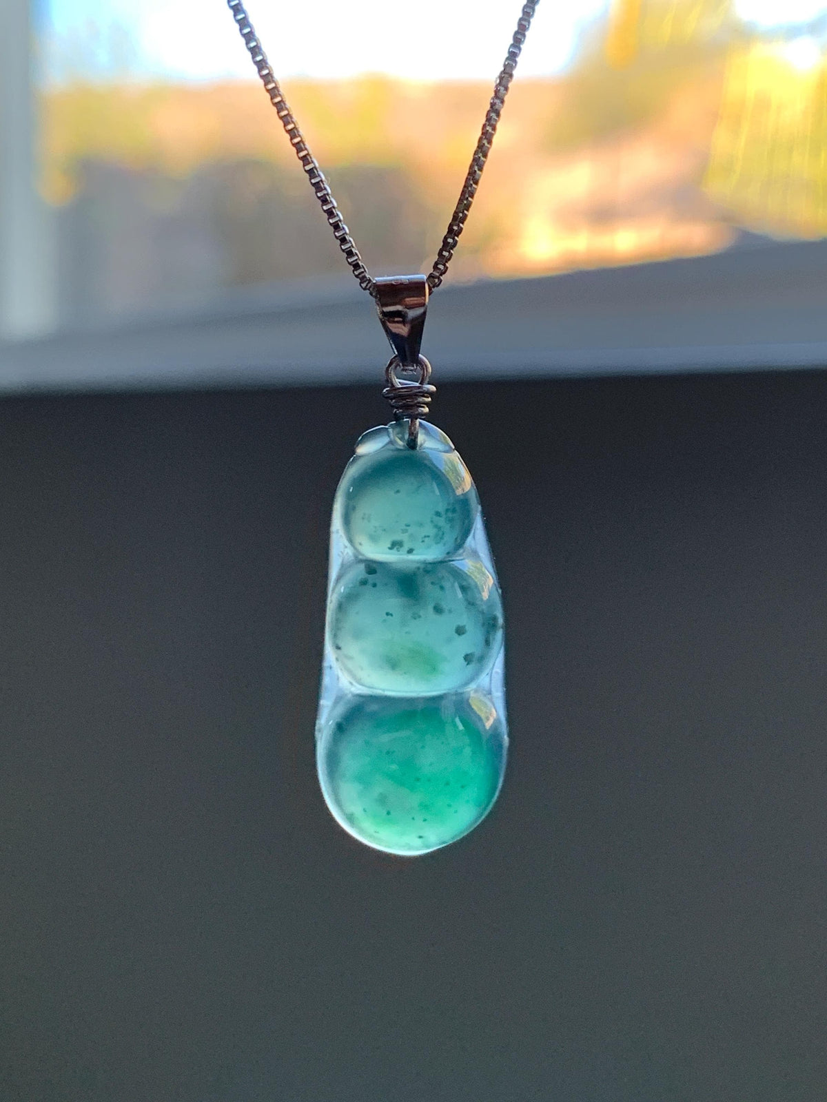 Natural Grade A Guatemalan Icy Translucent Dark Teal Green Jade Jadeite Carved Peapod Pendant Sterling Silver 3g 天然冰危深蓝绿翡翠福豆吊坠 WLD90D