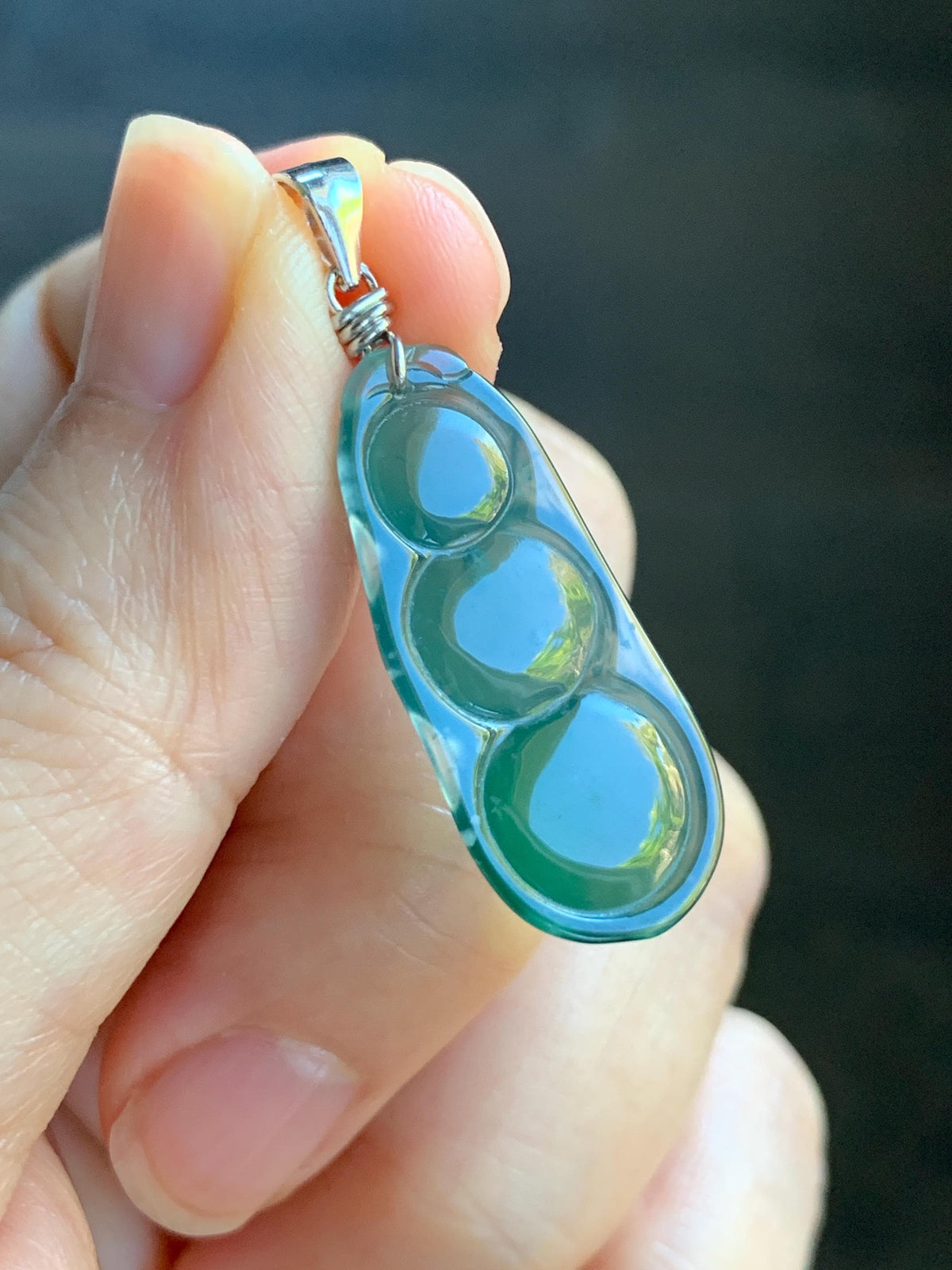 Natural Grade A Guatemalan Icy Translucent Dark Teal Green Jade Jadeite Carved Peapod Pendant Sterling Silver 3g 天然冰危深蓝绿翡翠福豆吊坠 WLD90D
