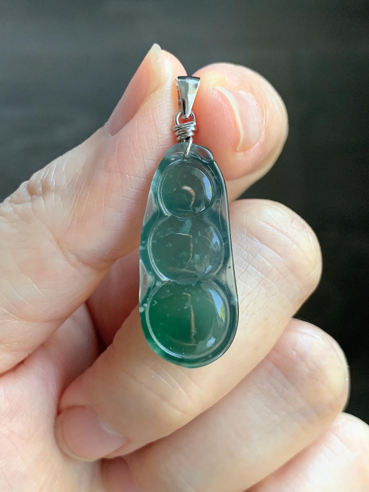 Natural Grade A Guatemalan Icy Translucent Dark Teal Green Jade Jadeite Carved Peapod Pendant Sterling Silver 3g 天然冰危深蓝绿翡翠福豆吊坠 WLD90D