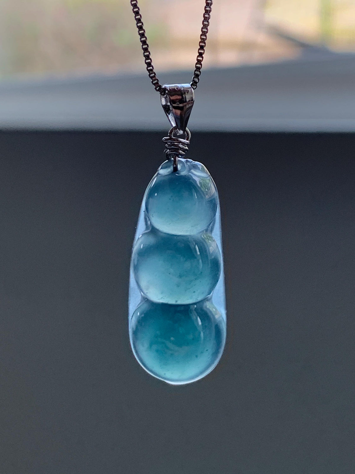 Natural Grade A Guatemalan Icy Translucent Dark Teal Blue Jade Jadeite Carved Peapod Pendant Sterling Silver 4g 天然冰危深蓝翡翠福豆吊坠 WLD90C