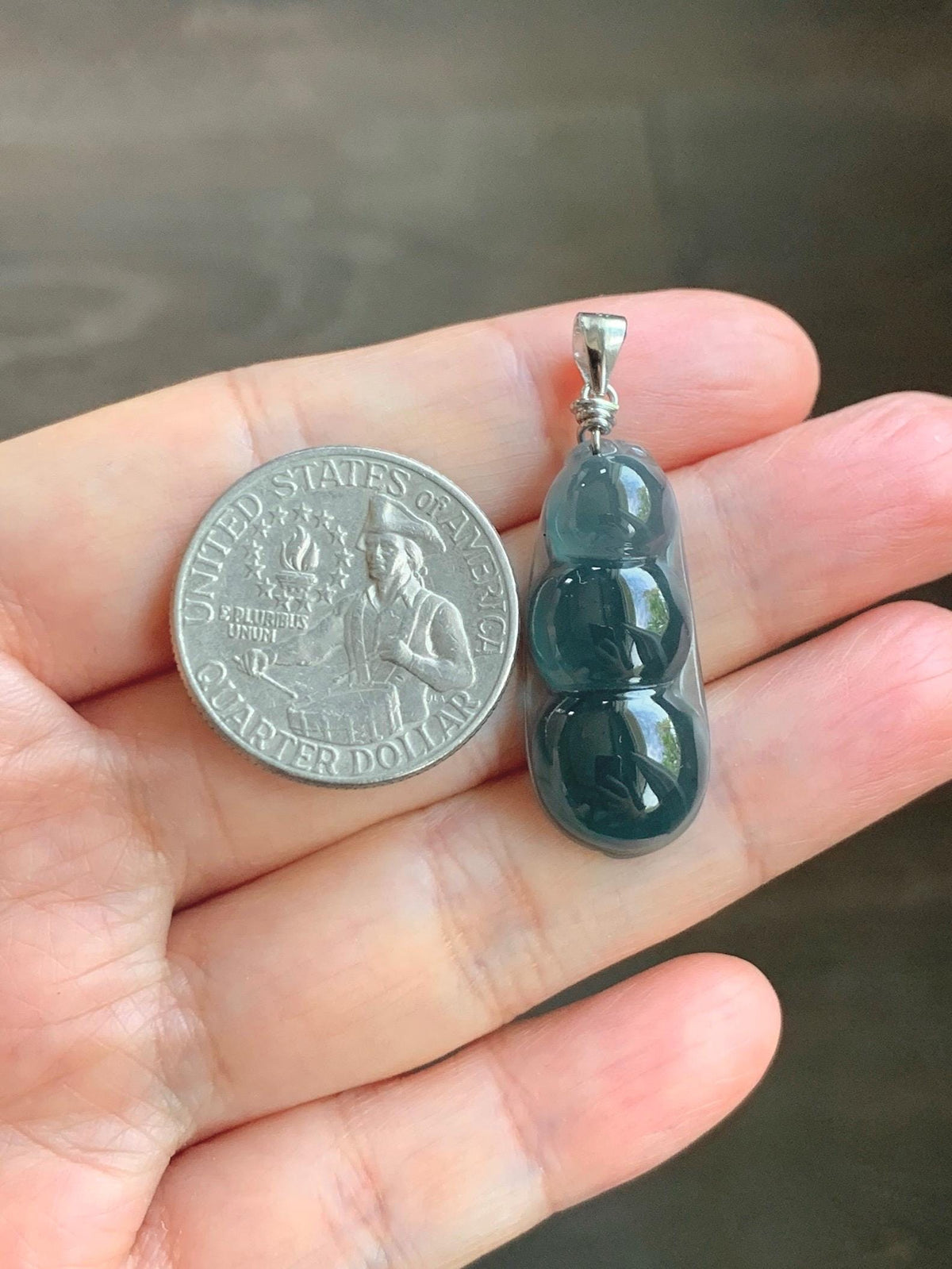 Natural Grade A Guatemalan Icy Translucent Dark Teal Blue Jade Jadeite Carved Peapod Pendant Sterling Silver 4g 天然冰危深蓝翡翠福豆吊坠 WLD90C