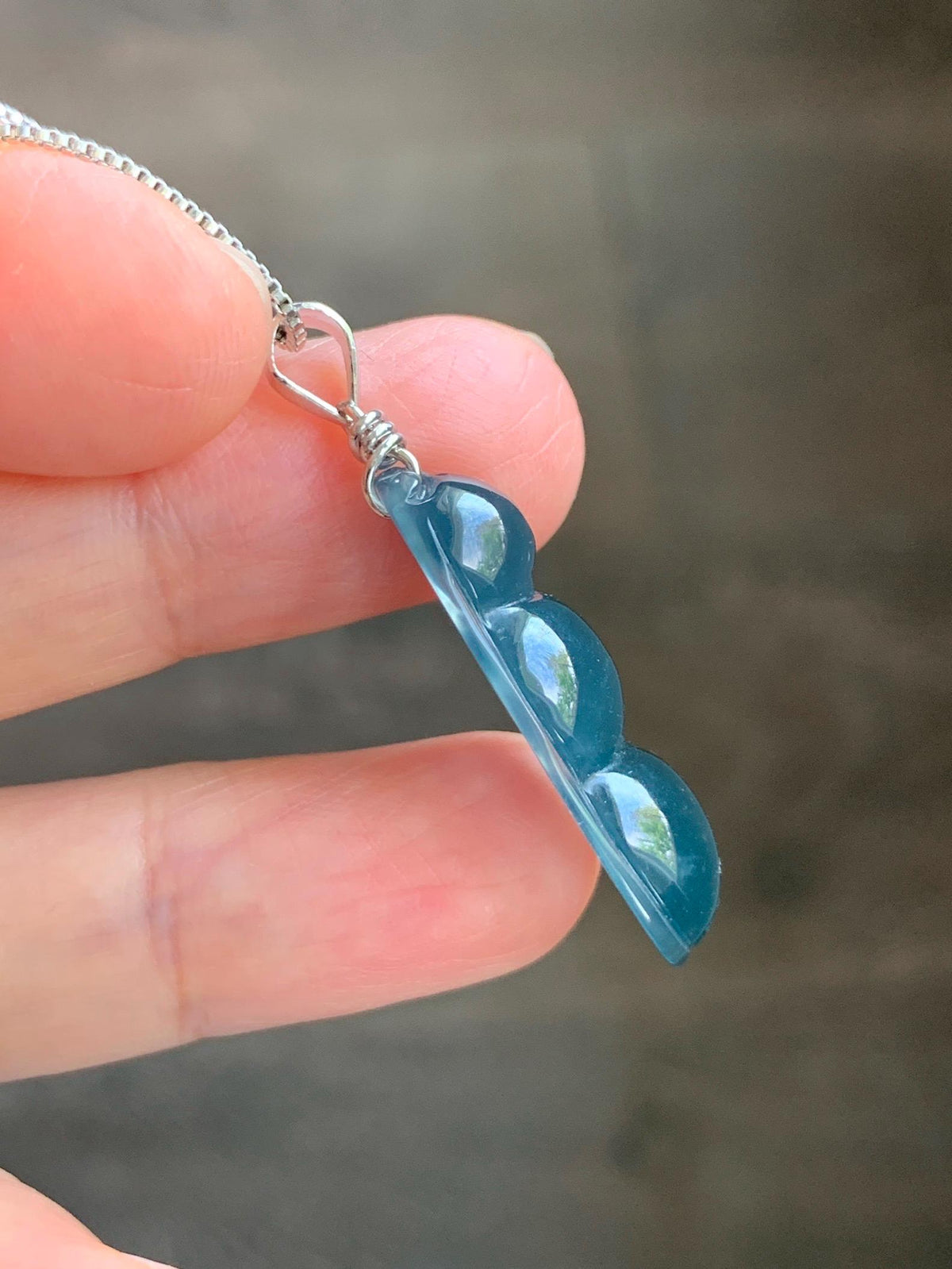 Natural Grade A Guatemalan Icy Translucent Dark Teal Blue Jade Jadeite Carved Peapod Pendant Sterling Silver 4g 天然冰危深蓝翡翠福豆吊坠 WLD90C