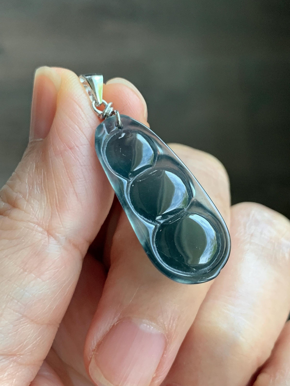 Natural Grade A Guatemalan Icy Translucent Dark Teal Blue Jade Jadeite Carved Peapod Pendant Sterling Silver 4g 天然冰危深蓝翡翠福豆吊坠 WLD90C
