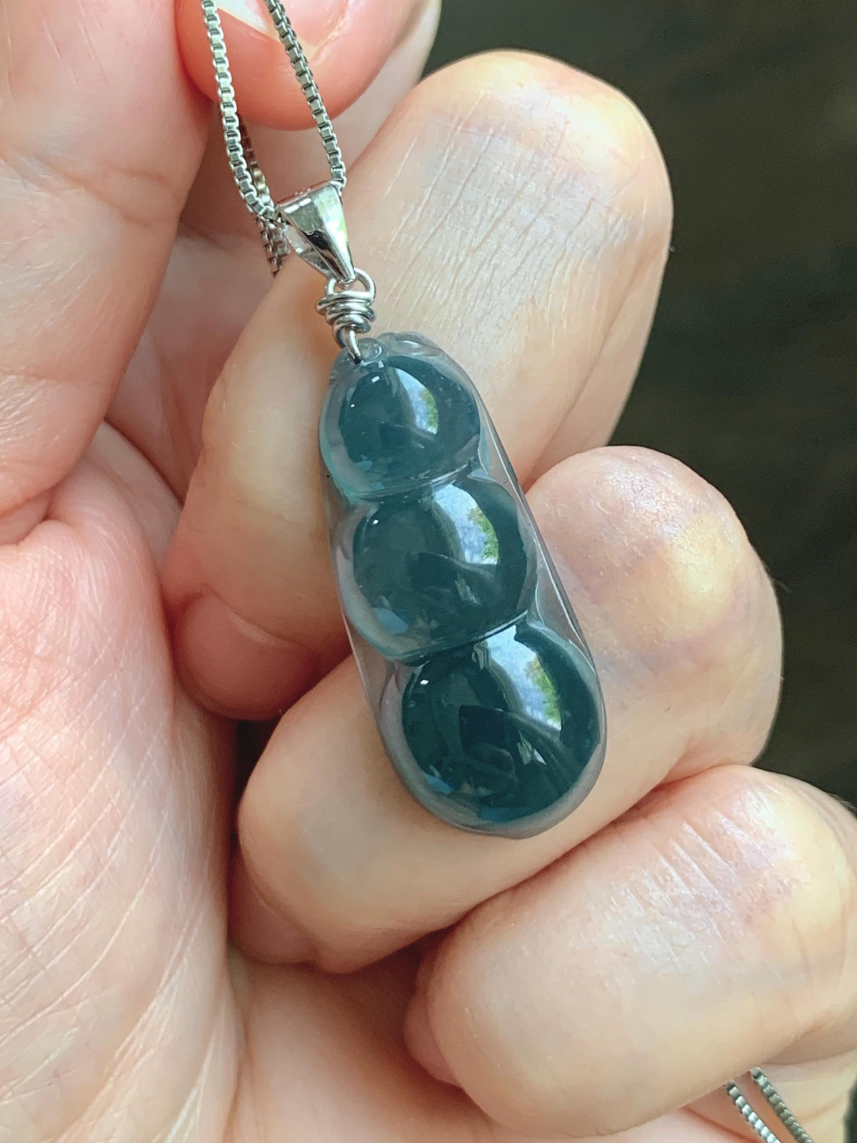Natural Grade A Guatemalan Icy Translucent Dark Teal Blue Jade Jadeite Carved Peapod Pendant Sterling Silver 4g 天然冰危深蓝翡翠福豆吊坠 WLD90C