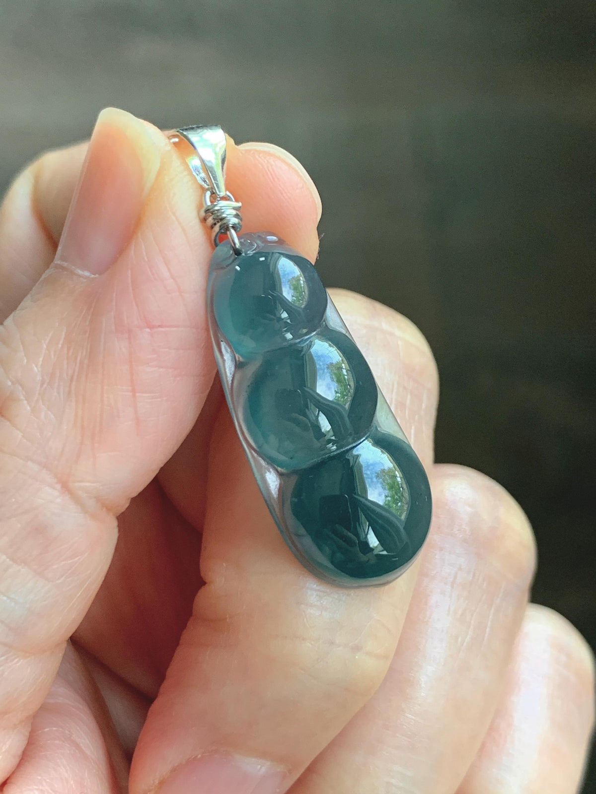 Natural Grade A Guatemalan Icy Translucent Dark Teal Blue Jade Jadeite Carved Peapod Pendant Sterling Silver 4g 天然冰危深蓝翡翠福豆吊坠 WLD90C