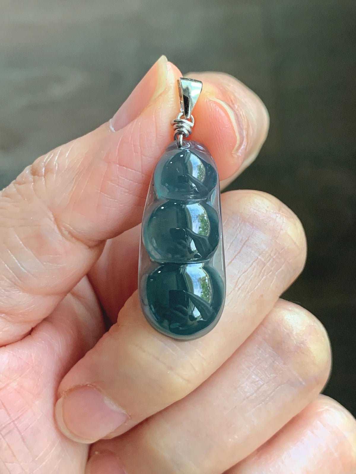 Natural Grade A Guatemalan Icy Translucent Dark Teal Blue Jade Jadeite Carved Peapod Pendant Sterling Silver 4g 天然冰危深蓝翡翠福豆吊坠 WLD90C
