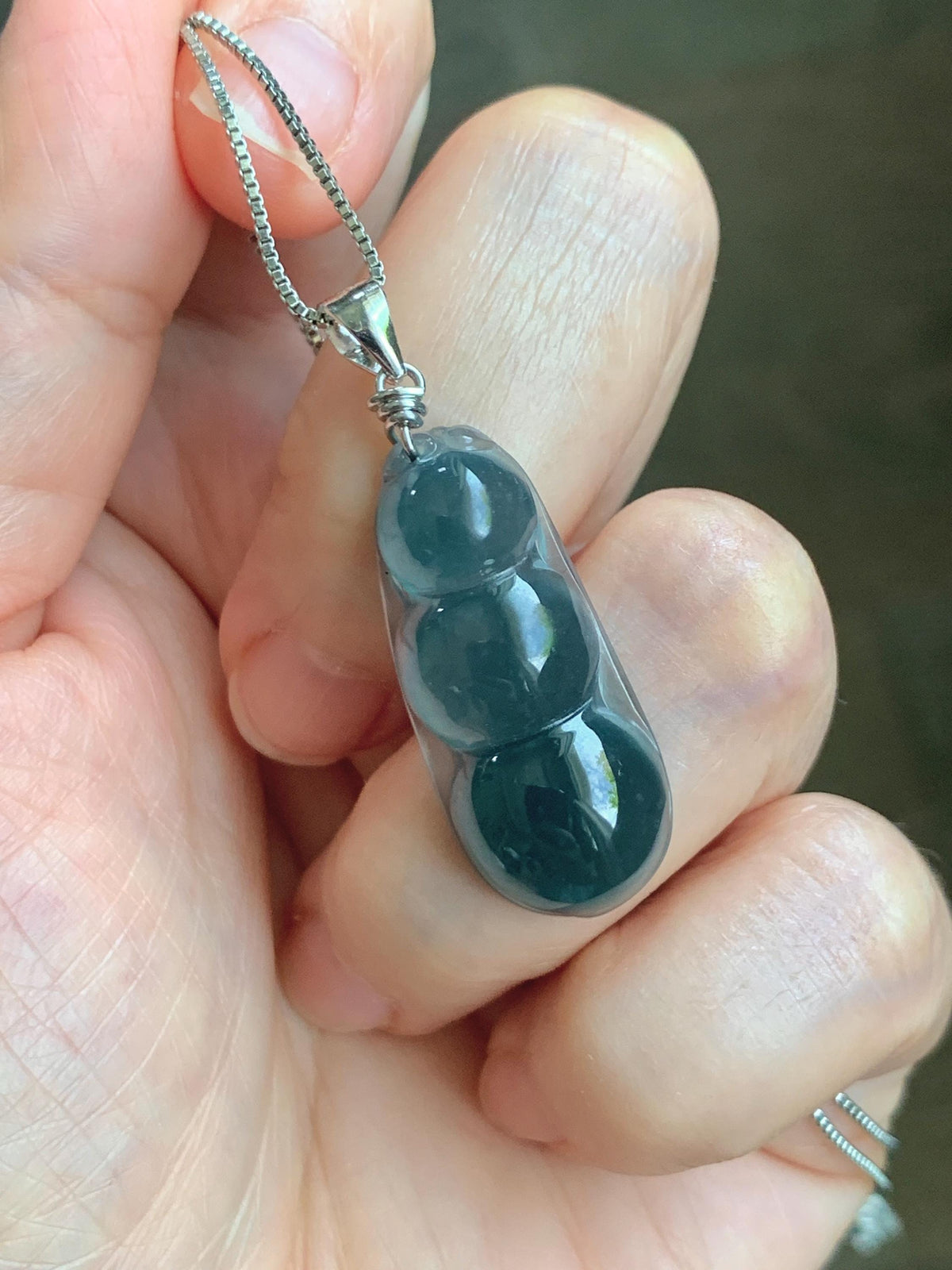 Natural Grade A Guatemalan Icy Translucent Dark Teal Blue Jade Jadeite Carved Peapod Pendant Sterling Silver 4g 天然冰危深蓝翡翠福豆吊坠 WLD90C