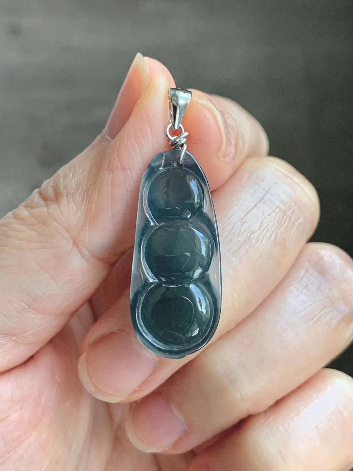Natural Grade A Guatemalan Icy Translucent Dark Teal Blue Jade Jadeite Carved Peapod Pendant Sterling Silver 4g 天然冰危深蓝翡翠福豆吊坠 WLD90C