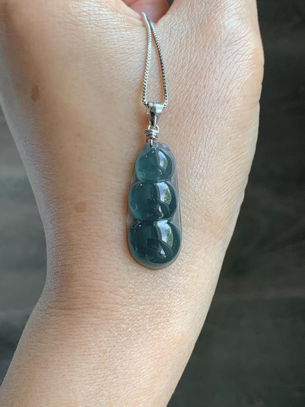 Natural Grade A Guatemalan Icy Translucent Dark Teal Blue Jade Jadeite Carved Peapod Pendant Sterling Silver 4g 天然冰危深蓝翡翠福豆吊坠 WLD90C