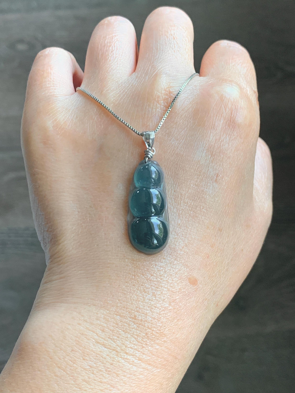 Natural Grade A Guatemalan Icy Translucent Dark Teal Blue Jade Jadeite Carved Peapod Pendant Sterling Silver 4g 天然冰危深蓝翡翠福豆吊坠 WLD90C
