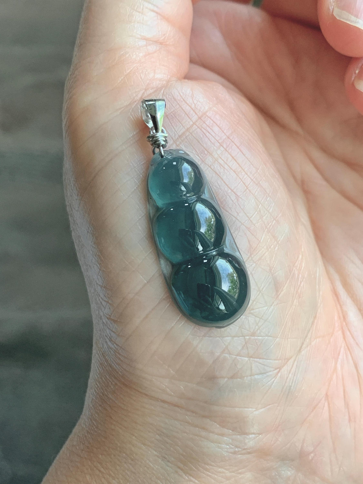 Natural Grade A Guatemalan Icy Translucent Dark Teal Blue Jade Jadeite Carved Peapod Pendant Sterling Silver 4g 天然冰危深蓝翡翠福豆吊坠 WLD90C