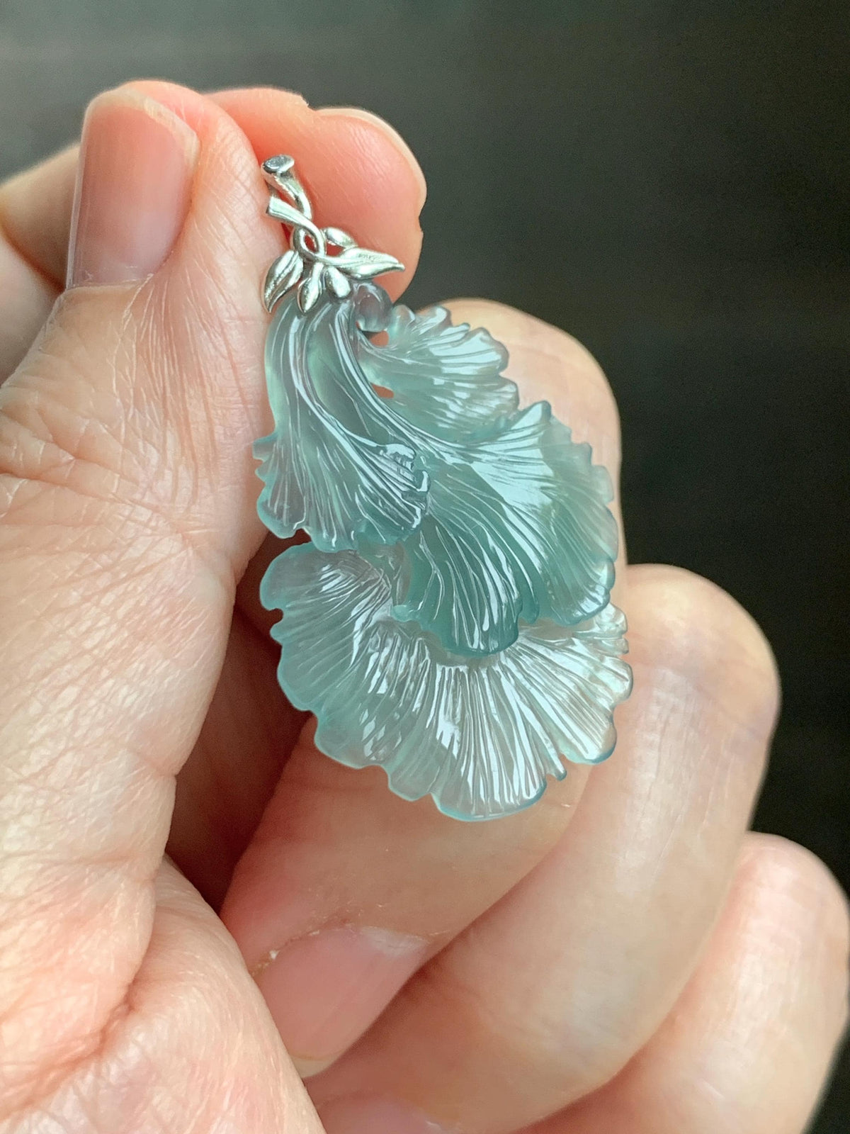 Natural Grade A Guatemalan Icy Highly Translucent Teal Jade Jadeite Ginkgo Leaves Pendant Sterling Silver 3g 天然冰危蓝绿翡翠银杏叶吊坠 WYX166
