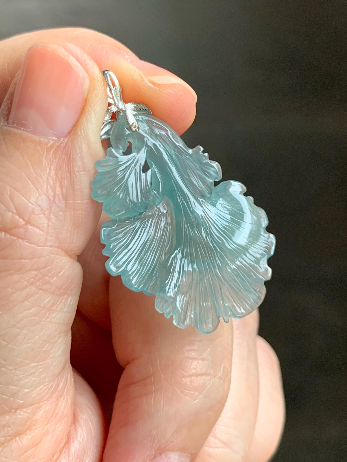 Natural Grade A Guatemalan Icy Highly Translucent Teal Jade Jadeite Ginkgo Leaves Pendant Sterling Silver 3g 天然冰危蓝绿翡翠银杏叶吊坠 WYX166