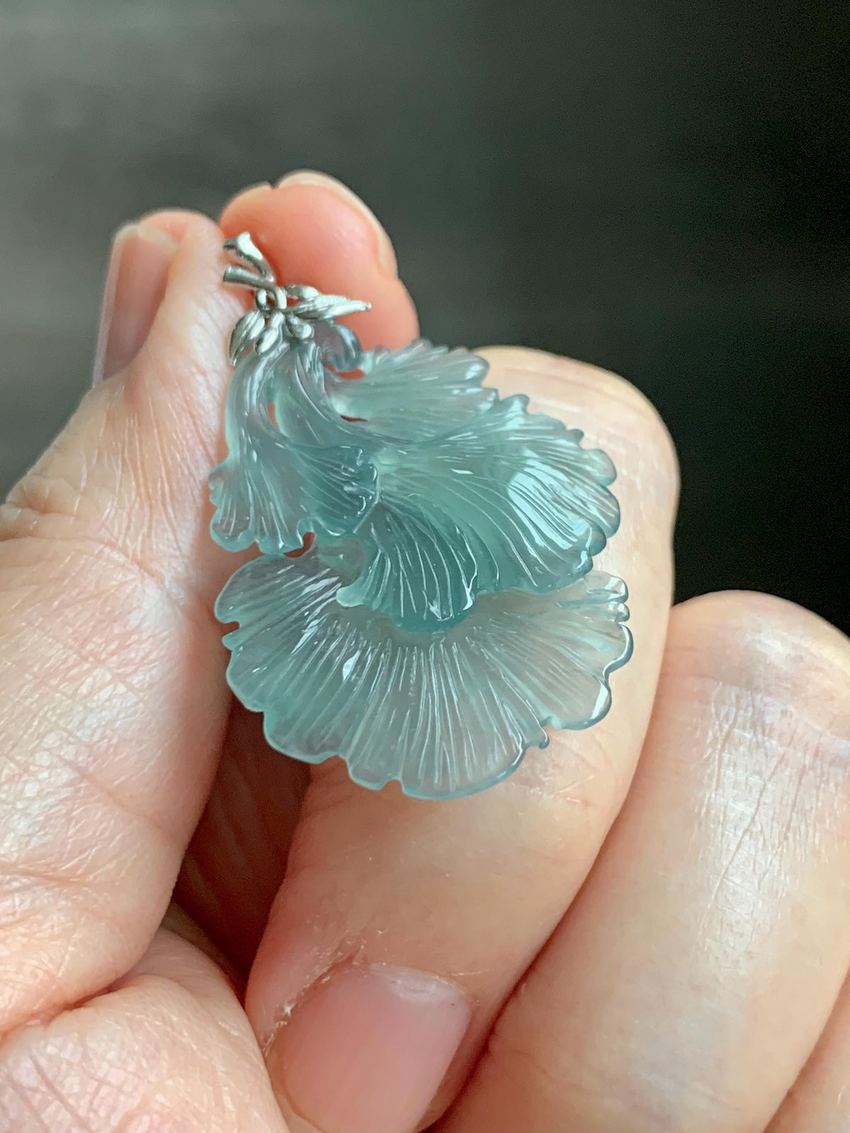 Natural Grade A Guatemalan Icy Highly Translucent Teal Jade Jadeite Ginkgo Leaves Pendant Sterling Silver 3g 天然冰危蓝绿翡翠银杏叶吊坠 WYX166