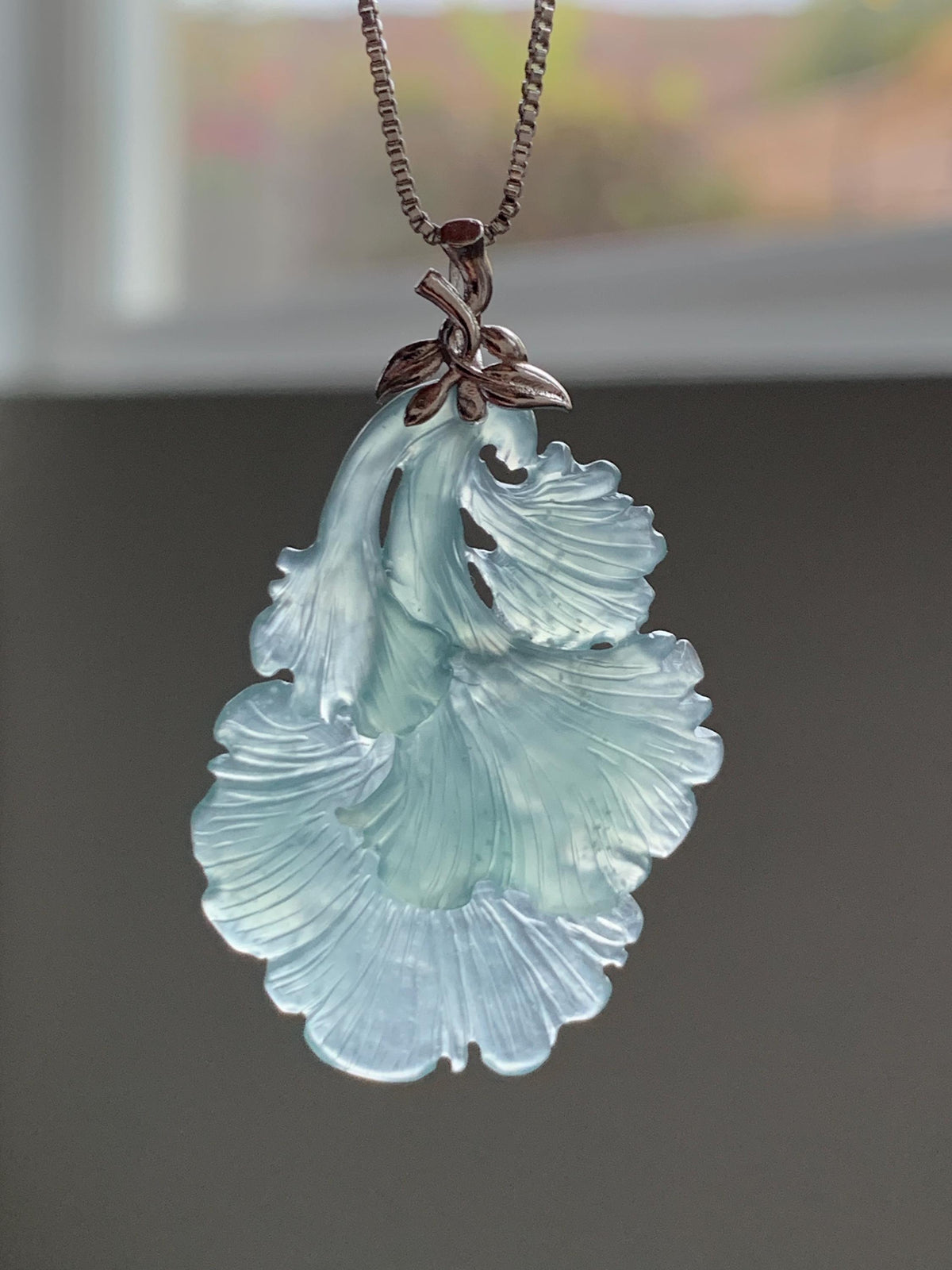 Natural Grade A Guatemalan Icy Highly Translucent Teal Jade Jadeite Ginkgo Leaves Pendant Sterling Silver 3g 天然冰危蓝绿翡翠银杏叶吊坠 WYX166