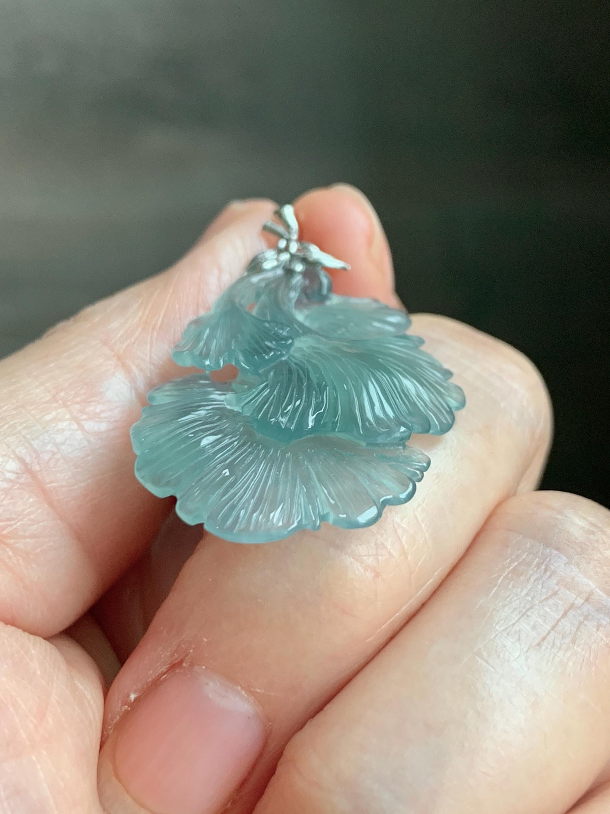 Natural Grade A Guatemalan Icy Highly Translucent Teal Jade Jadeite Ginkgo Leaves Pendant Sterling Silver 3g 天然冰危蓝绿翡翠银杏叶吊坠 WYX166