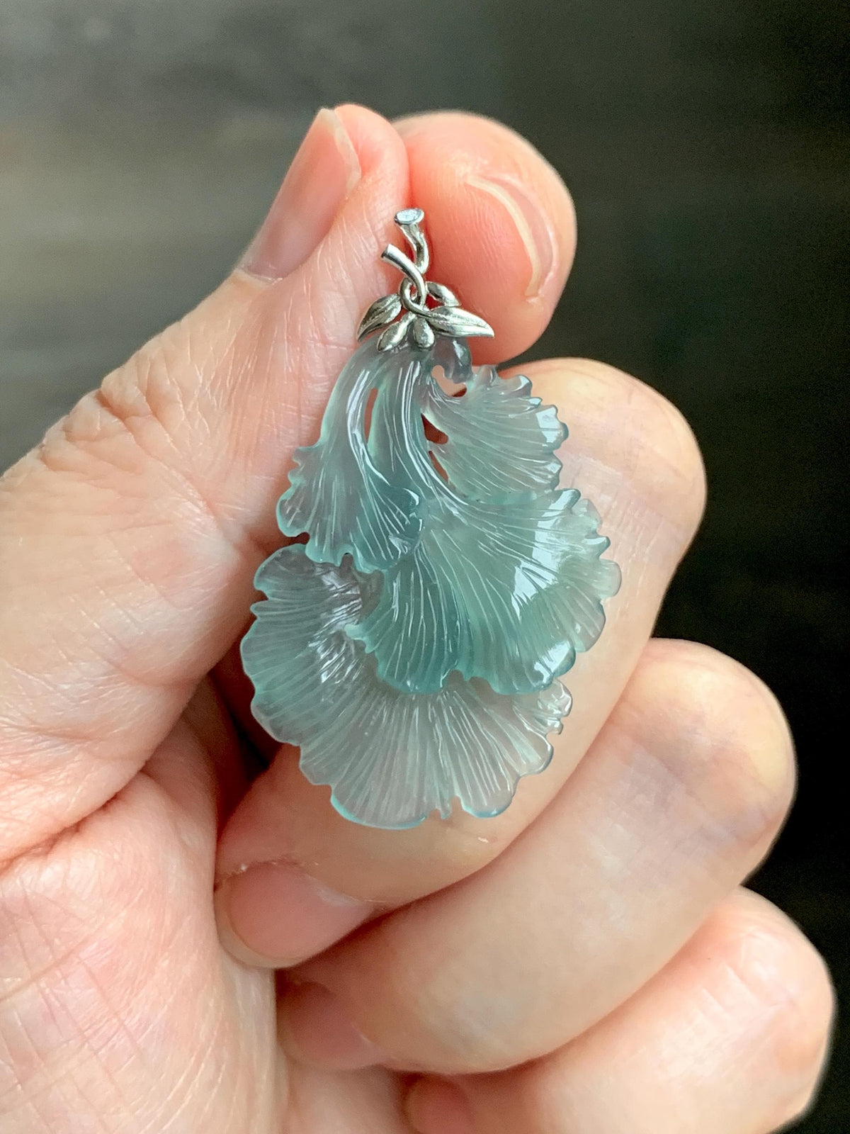 Natural Grade A Guatemalan Icy Highly Translucent Teal Jade Jadeite Ginkgo Leaves Pendant Sterling Silver 3g 天然冰危蓝绿翡翠银杏叶吊坠 WYX166