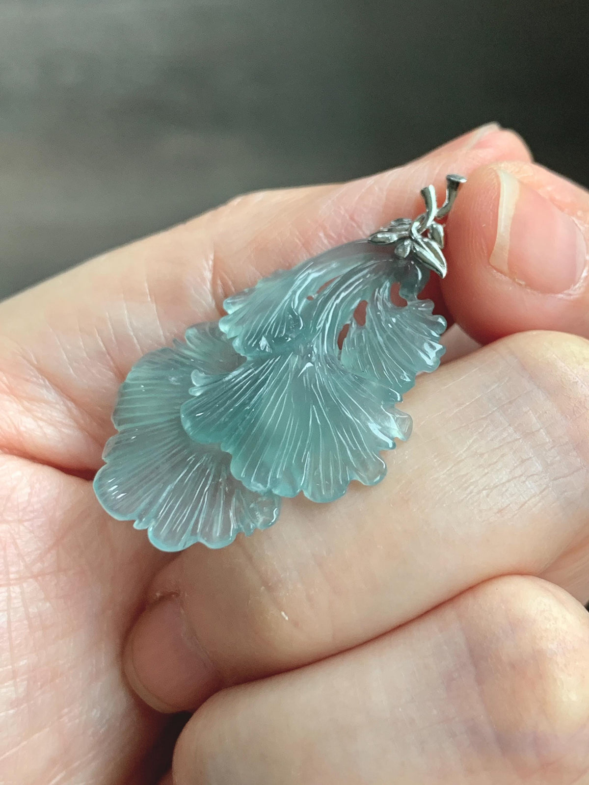 Natural Grade A Guatemalan Icy Highly Translucent Teal Jade Jadeite Ginkgo Leaves Pendant Sterling Silver 3g 天然冰危蓝绿翡翠银杏叶吊坠 WYX166