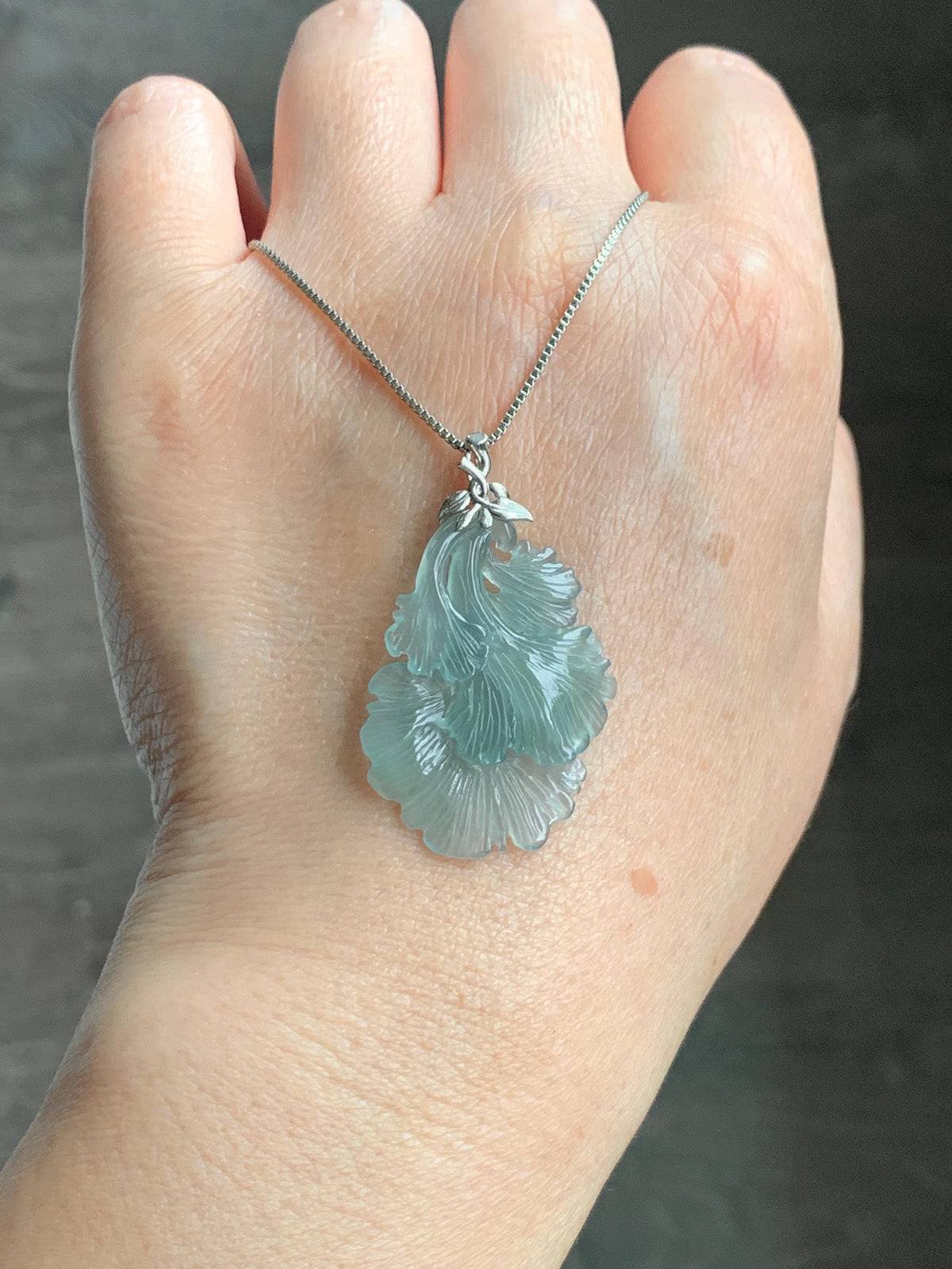 Natural Grade A Guatemalan Icy Highly Translucent Teal Jade Jadeite Ginkgo Leaves Pendant Sterling Silver 3g 天然冰危蓝绿翡翠银杏叶吊坠 WYX166