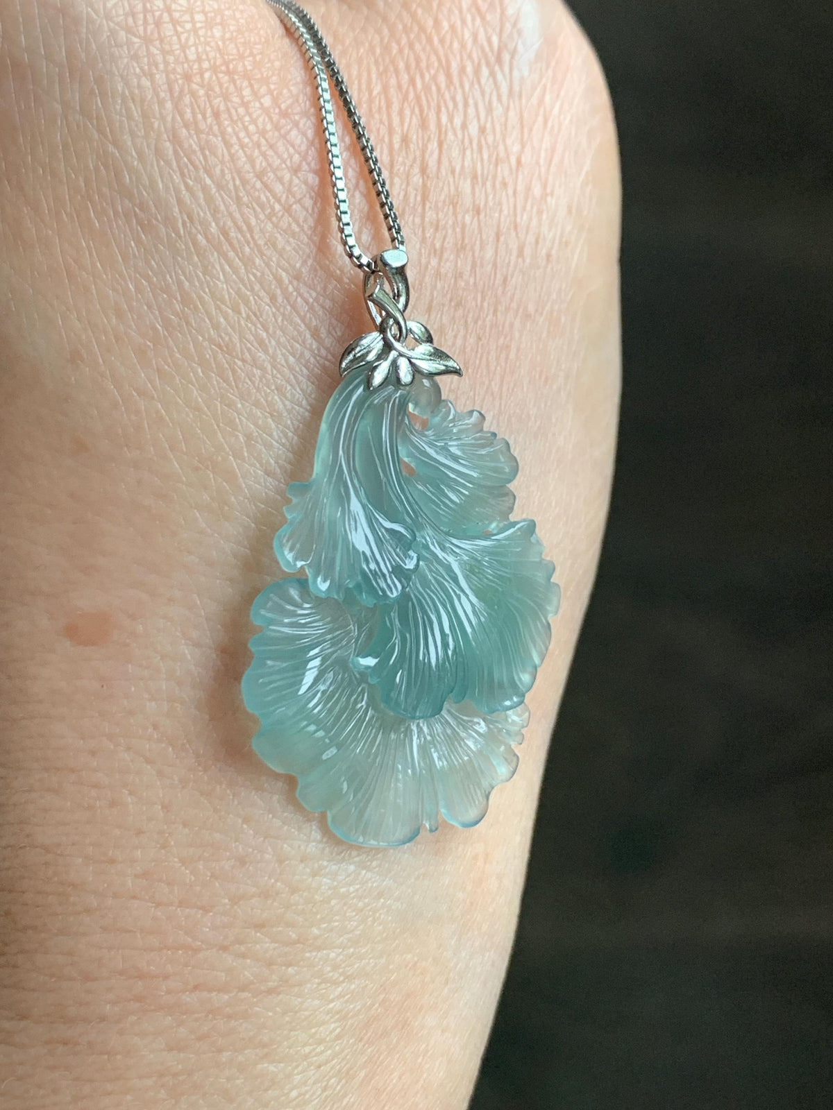Natural Grade A Guatemalan Icy Highly Translucent Teal Jade Jadeite Ginkgo Leaves Pendant Sterling Silver 3g 天然冰危蓝绿翡翠银杏叶吊坠 WYX166