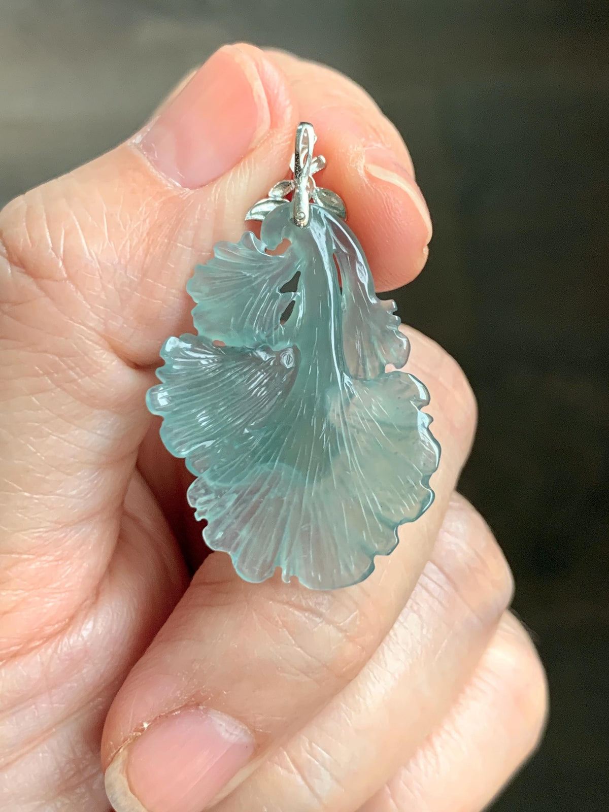 Natural Grade A Guatemalan Icy Highly Translucent Teal Jade Jadeite Ginkgo Leaves Pendant Sterling Silver 3g 天然冰危蓝绿翡翠银杏叶吊坠 WYX166