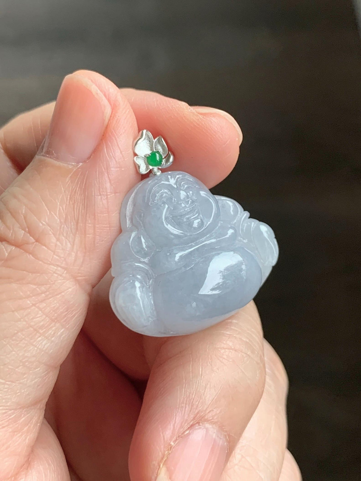 Certified Natural Grade A Icy Translucent Dusty Purplish Blue Jade Jadeite Buddha Pendant Sterling Silver 7.24g 天然冰蓝紫底翡翠佛公银镶吊坠 1163