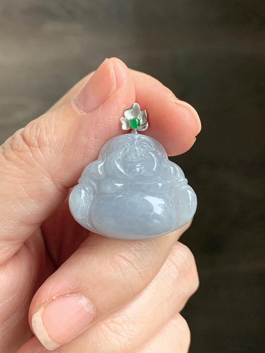 Certified Natural Grade A Icy Translucent Dusty Purplish Blue Jade Jadeite Buddha Pendant Sterling Silver 7.24g 天然冰蓝紫底翡翠佛公银镶吊坠 1163