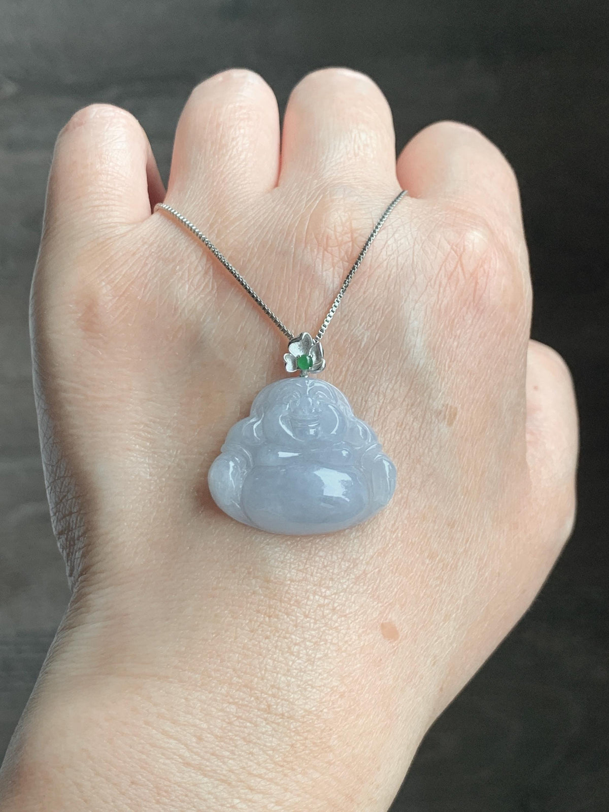 Certified Natural Grade A Icy Translucent Dusty Purplish Blue Jade Jadeite Buddha Pendant Sterling Silver 7.24g 天然冰蓝紫底翡翠佛公银镶吊坠 1163