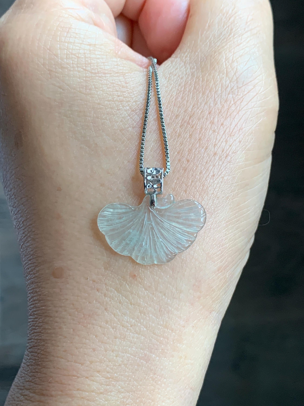 Petite Natural Grade A Icy Highly Translucent Pale Green Jade Jadeite Ginkgo Leaf Pendant Sterling Silver 天然冰晴底翡翠银杏叶迷你吊坠 MYX330C