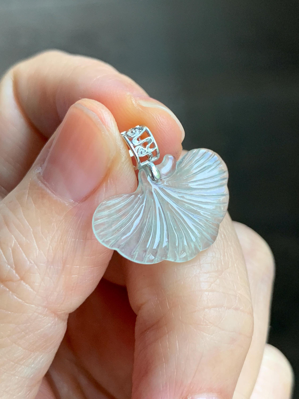 Petite Natural Grade A Icy Highly Translucent Pale Green Jade Jadeite Ginkgo Leaf Pendant Sterling Silver 天然冰晴底翡翠银杏叶迷你吊坠 MYX330C