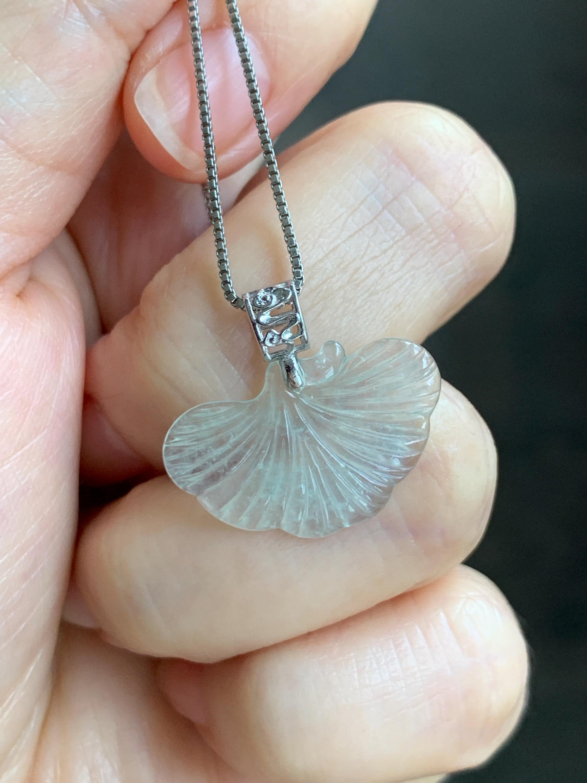Petite Natural Grade A Icy Highly Translucent Pale Green Jade Jadeite Ginkgo Leaf Pendant Sterling Silver 天然冰晴底翡翠银杏叶迷你吊坠 MYX330C