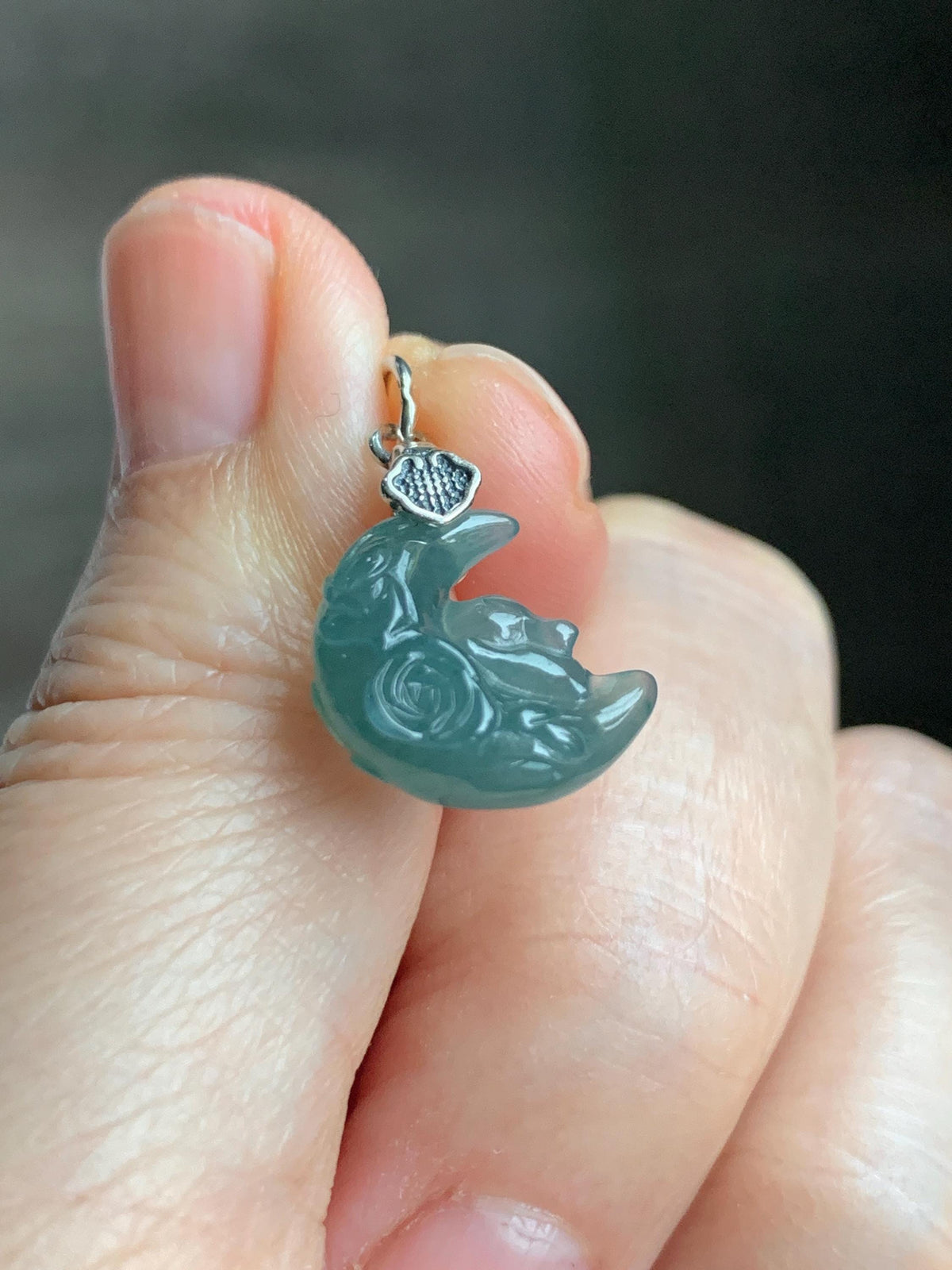 Natural Grade A Guatemalan Icy Translucent Dusty Teal Jade Jadeite Rabbit Crescent Moon Petite Pendant Sterling Silver 天然冰危蓝翡翠迷你月亮兔吊坠WLK180Y