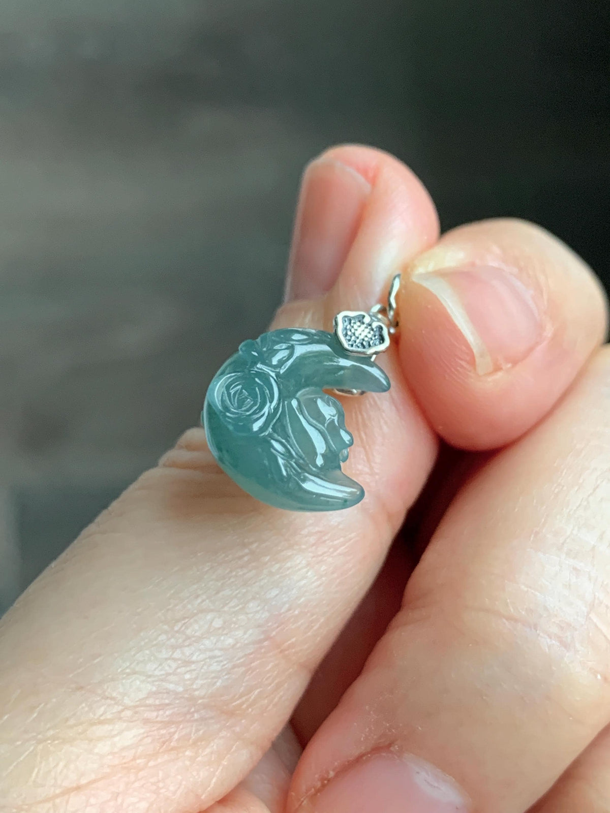 Natural Grade A Guatemalan Icy Translucent Dusty Teal Jade Jadeite Rabbit Crescent Moon Petite Pendant Sterling Silver 天然冰危蓝翡翠迷你月亮兔吊坠WLK180Y