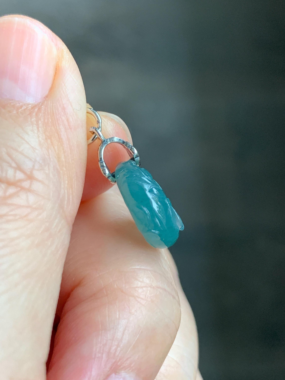 Natural Grade A Guatemalan Icy Translucent Dusty Teal Jade Jadeite Rabbit Crescent Moon Petite Pendant Sterling Silver 天然冰危蓝翡翠迷你月亮兔吊坠WLK180Y