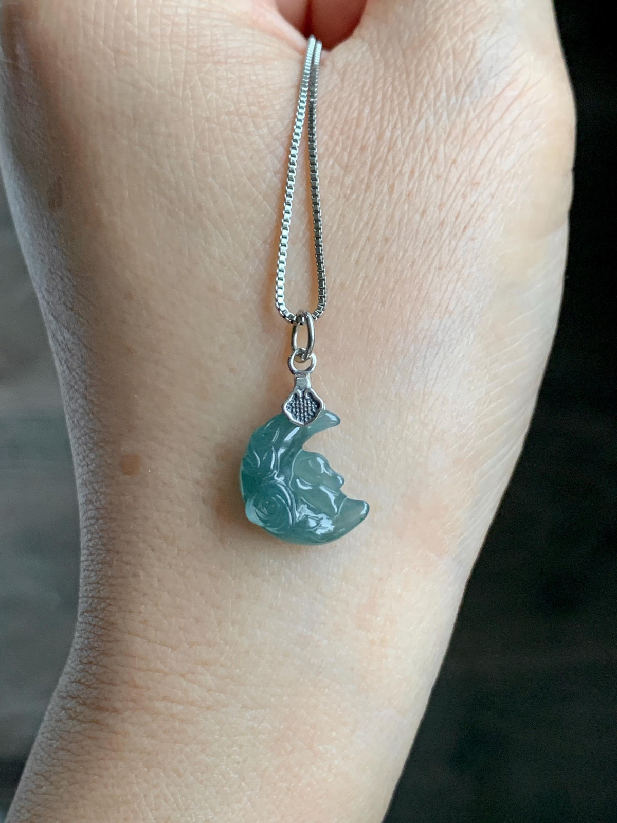 Natural Grade A Guatemalan Icy Translucent Dusty Teal Jade Jadeite Rabbit Crescent Moon Petite Pendant Sterling Silver 天然冰危蓝翡翠迷你月亮兔吊坠WLK180Y