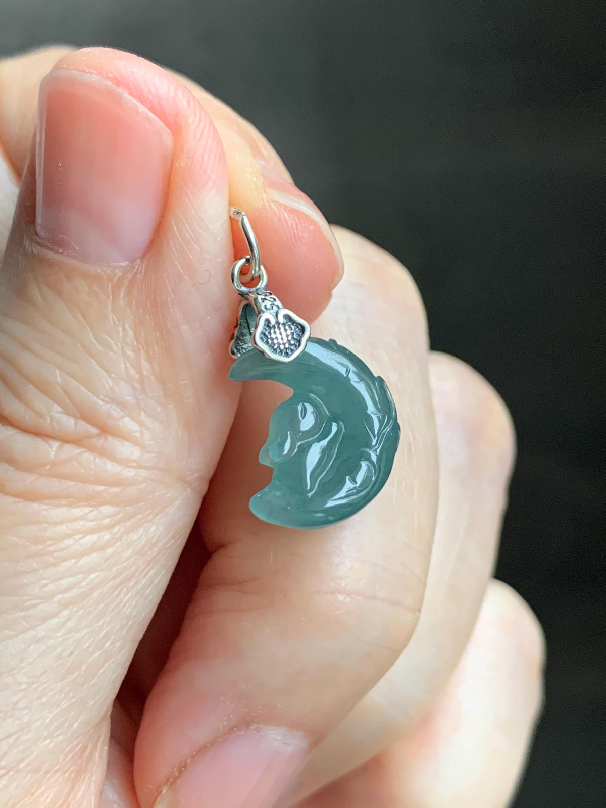 Natural Grade A Guatemalan Icy Translucent Dusty Teal Jade Jadeite Rabbit Crescent Moon Petite Pendant Sterling Silver 天然冰危蓝翡翠迷你月亮兔吊坠WLK180Y