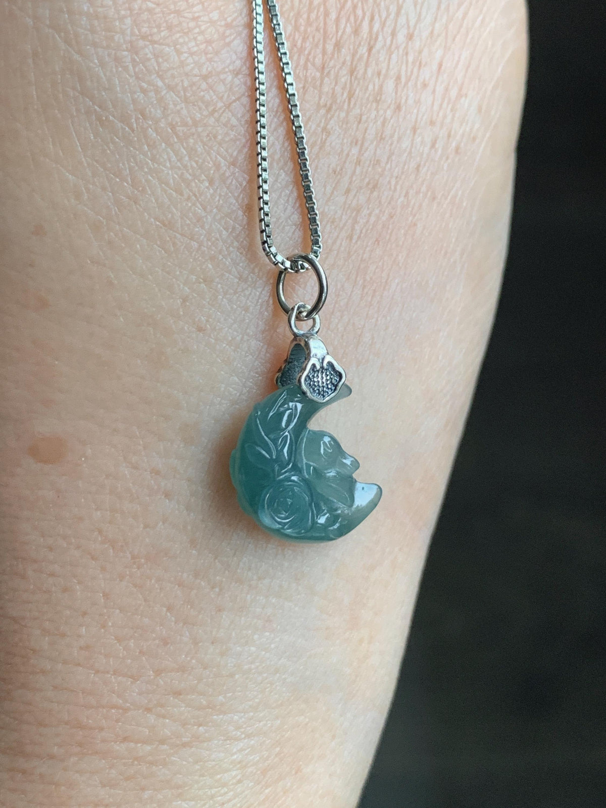 Natural Grade A Guatemalan Icy Translucent Dusty Teal Jade Jadeite Rabbit Crescent Moon Petite Pendant Sterling Silver 天然冰危蓝翡翠迷你月亮兔吊坠WLK180Y