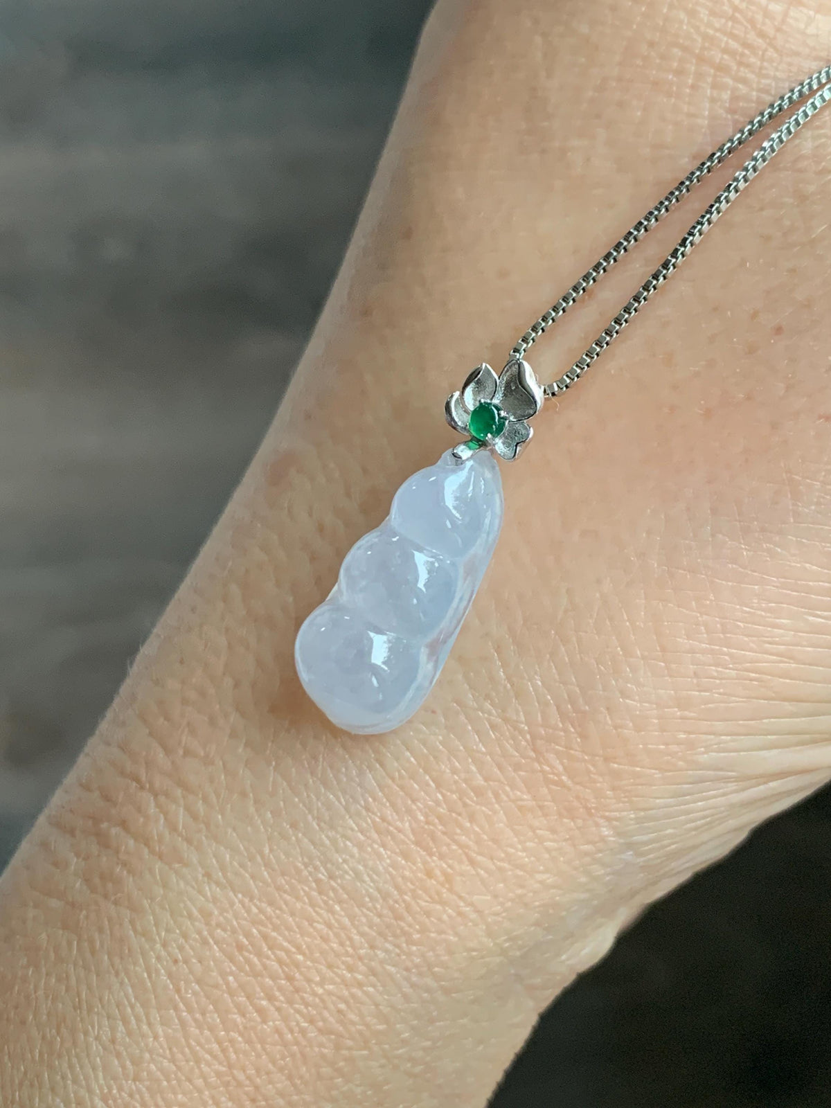 Certified Natural Grade A Icy Translucent White Jade Jadeite Lucky Peapod Petite Pendant Sterling Silver 2g 天然白冰胶翡翠小福豆吊坠 1161