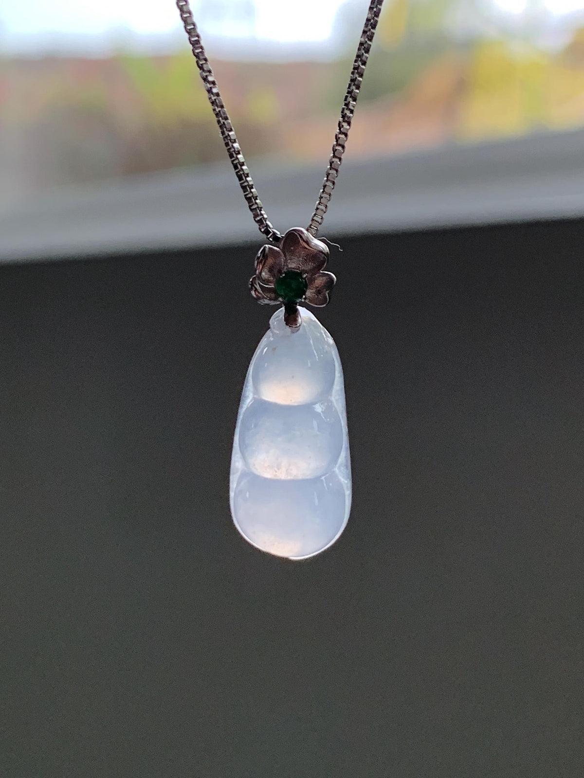 Certified Natural Grade A Icy Translucent White Jade Jadeite Lucky Peapod Petite Pendant Sterling Silver 2g 天然白冰胶翡翠小福豆吊坠 1161