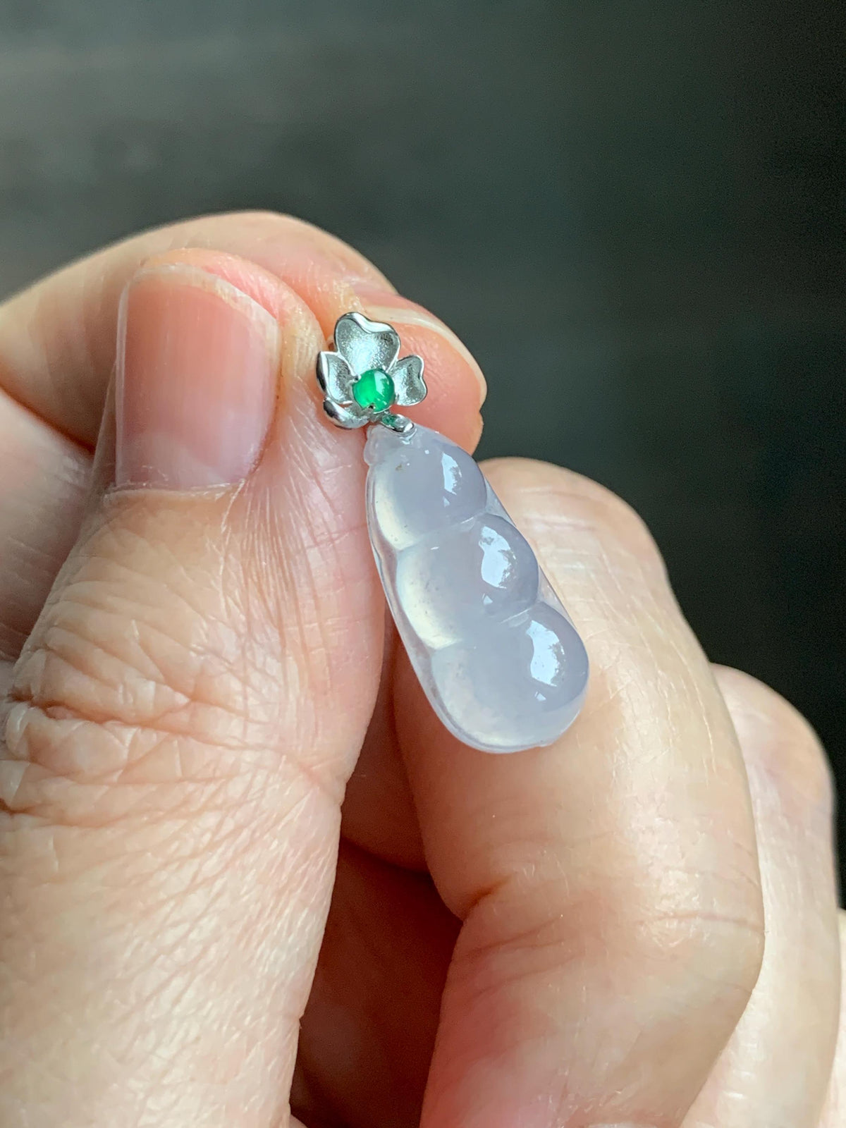 Certified Natural Grade A Icy Translucent White Jade Jadeite Lucky Peapod Petite Pendant Sterling Silver 2g 天然白冰胶翡翠小福豆吊坠 1161