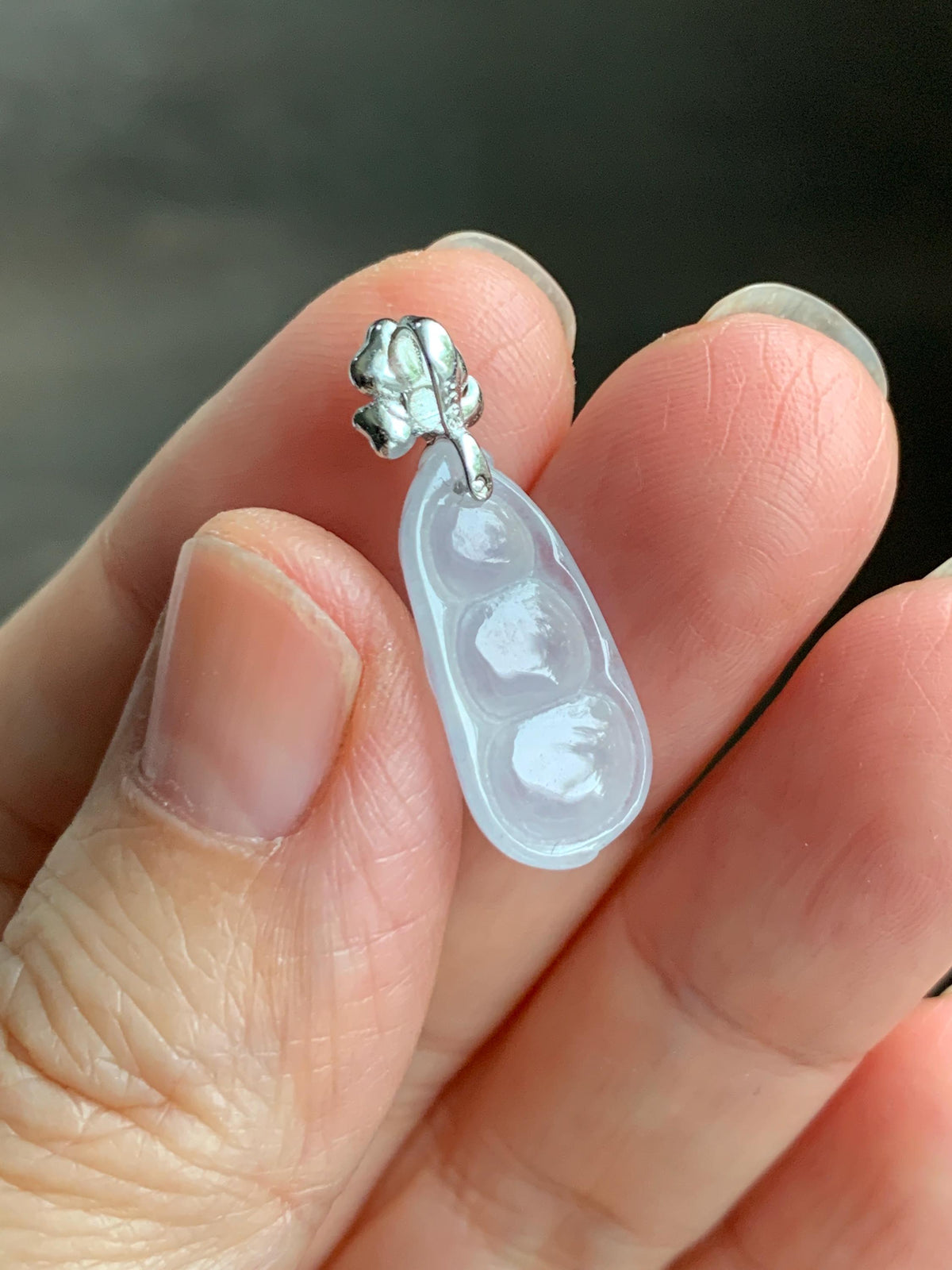 Certified Natural Grade A Icy Translucent White Jade Jadeite Lucky Peapod Petite Pendant Sterling Silver 2g 天然白冰胶翡翠小福豆吊坠 1161