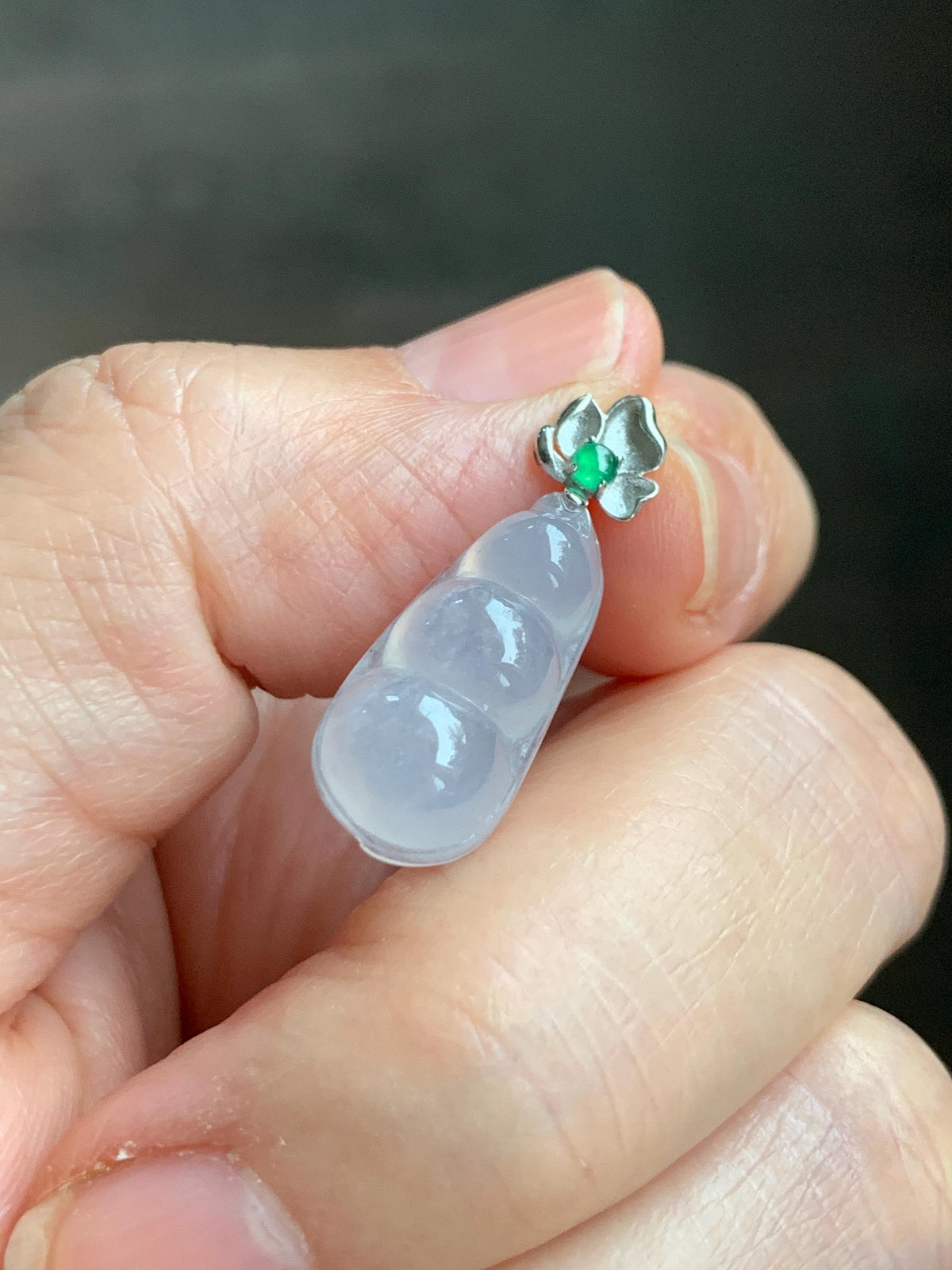 Certified Natural Grade A Icy Translucent White Jade Jadeite Lucky Peapod Petite Pendant Sterling Silver 2g 天然白冰胶翡翠小福豆吊坠 1161