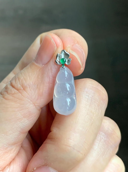 Certified Natural Grade A Icy Translucent White Jade Jadeite Lucky Peapod Petite Pendant Sterling Silver 2g 天然白冰胶翡翠小福豆吊坠 1161