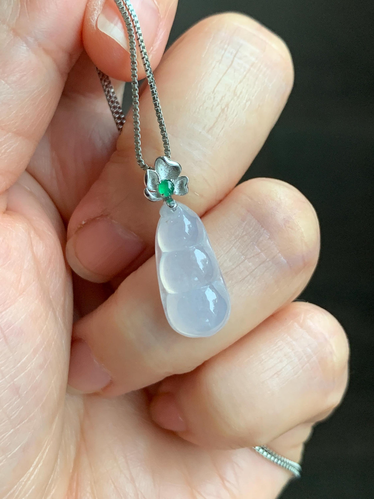 Certified Natural Grade A Icy Translucent White Jade Jadeite Lucky Peapod Petite Pendant Sterling Silver 2g 天然白冰胶翡翠小福豆吊坠 1161
