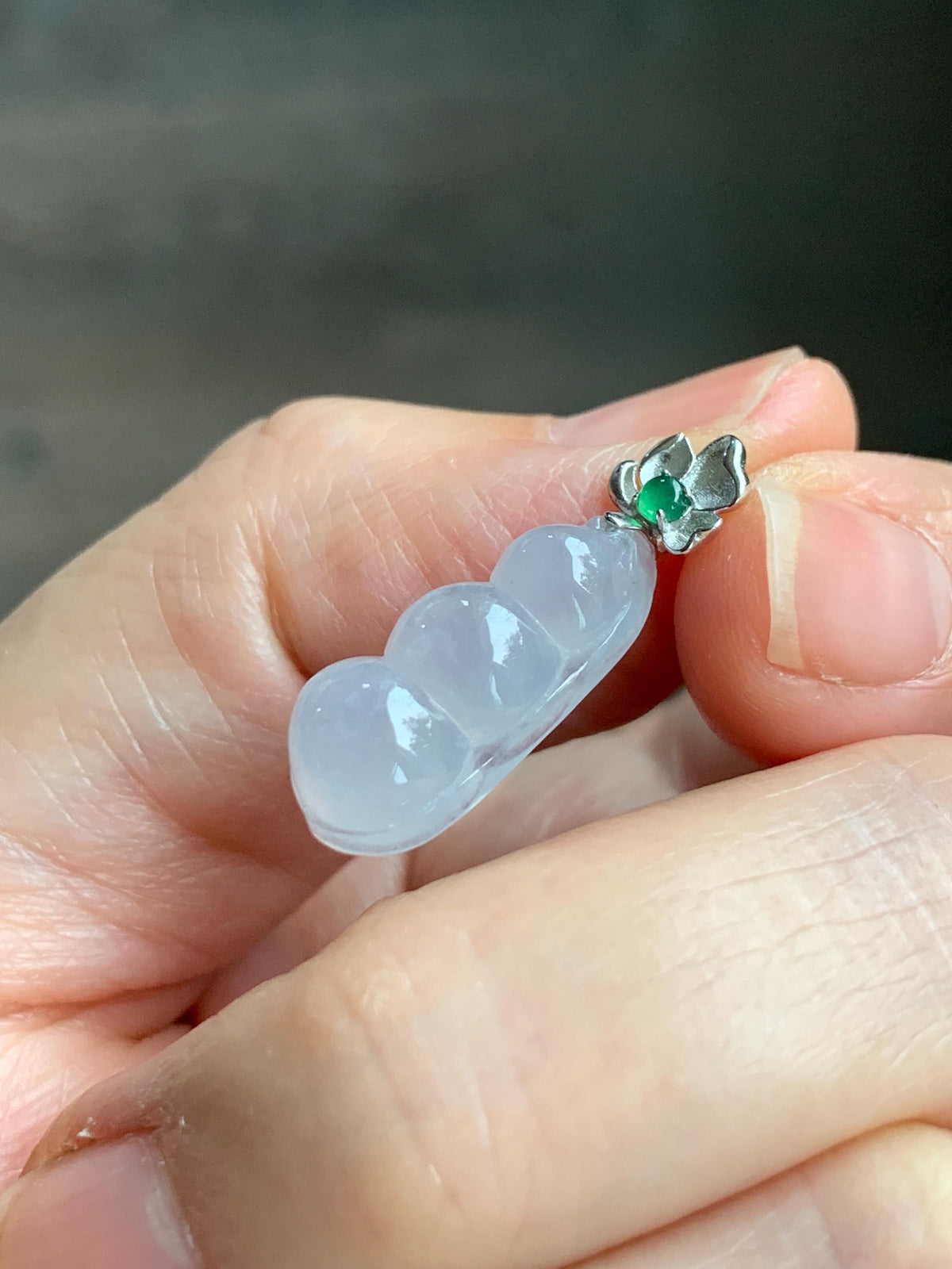 Certified Natural Grade A Icy Translucent White Jade Jadeite Lucky Peapod Petite Pendant Sterling Silver 2g 天然白冰胶翡翠小福豆吊坠 1161