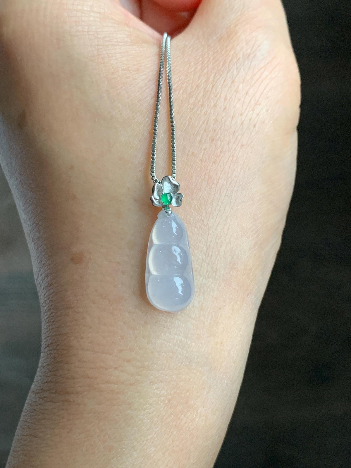 Certified Natural Grade A Icy Translucent White Jade Jadeite Lucky Peapod Petite Pendant Sterling Silver 2g 天然白冰胶翡翠小福豆吊坠 1161