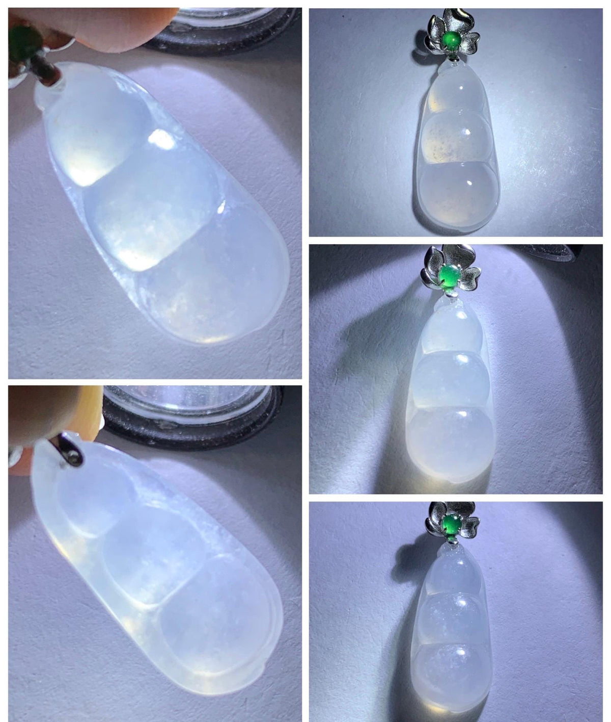 Certified Natural Grade A Icy Translucent White Jade Jadeite Lucky Peapod Petite Pendant Sterling Silver 2g 天然白冰胶翡翠小福豆吊坠 1161