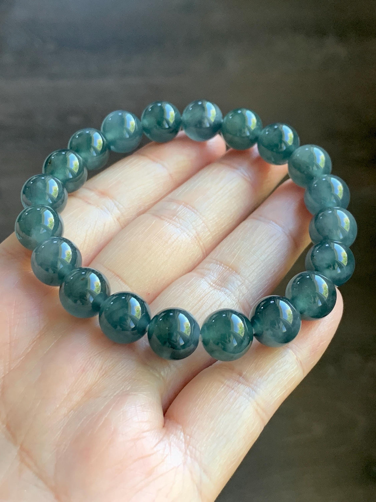 Natural Grade A Guatemalan Icy Translucent Dark Teal Blue Jade Jadeite Beaded Bracelet Stretchy 9.8mm 7.25” 32g 天然冰危深蓝绿翡翠圆珠手串 WLJ220